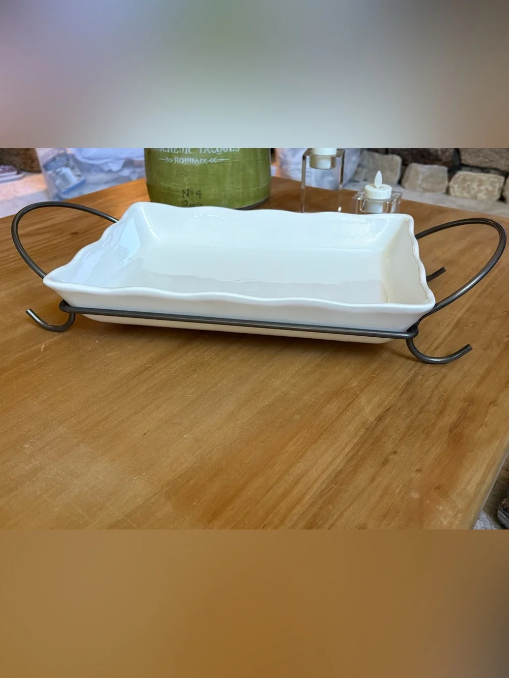 Crate&Barrel White Rectangular Ceramic Serving Dish with Iron Stand